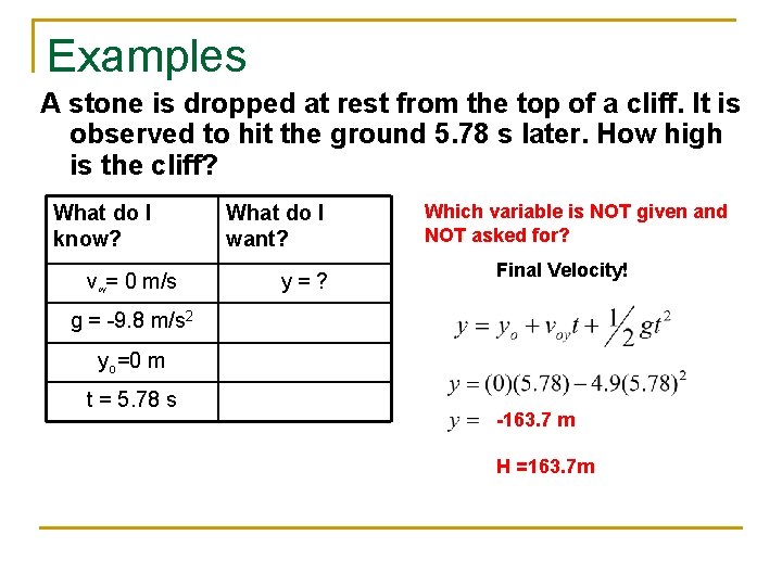 Examples A stone is dropped at rest from the top of a cliff. It