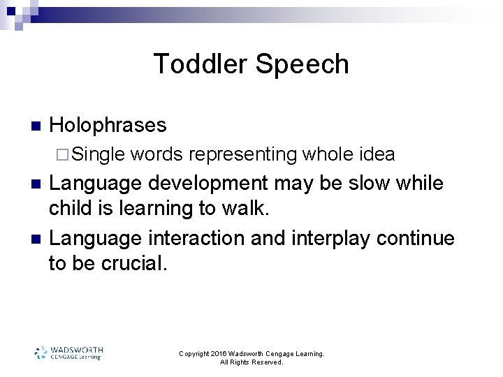 Toddler Speech n Holophrases ¨ Single n n words representing whole idea Language development