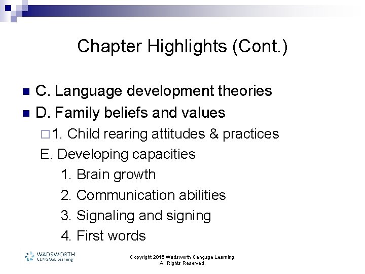 Chapter Highlights (Cont. ) n n C. Language development theories D. Family beliefs and