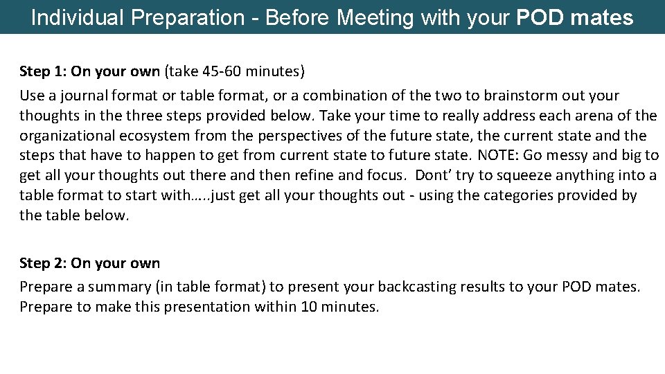 Individual Preparation - Before Meeting with your POD mates Step 1: On your own