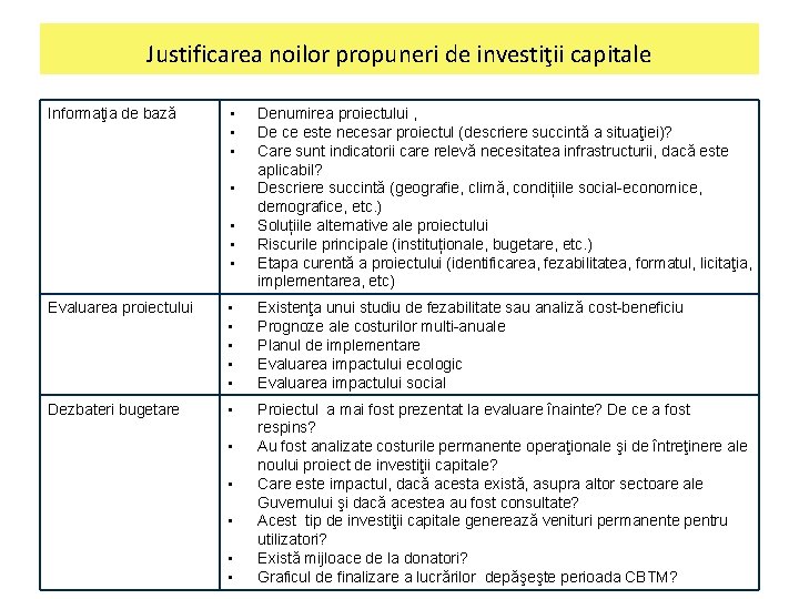 Justificarea noilor propuneri de investiţii capitale Informaţia de bază • • Denumirea proiectului ,