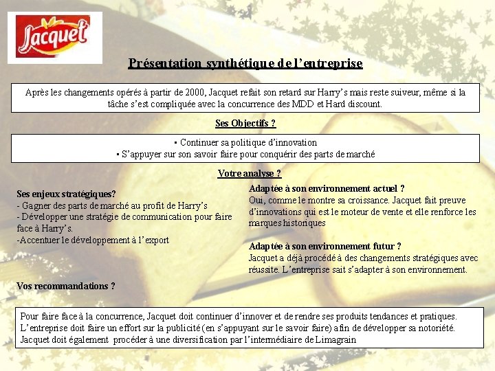 Présentation synthétique de l’entreprise Après les changements opérés à partir de 2000, Jacquet refait