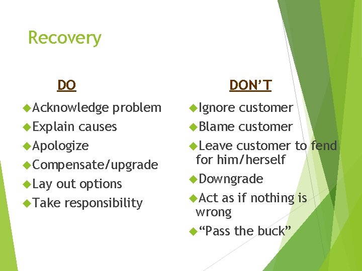 Recovery DO Acknowledge problem Explain causes Apologize Compensate/upgrade Lay out options Take responsibility DON’T