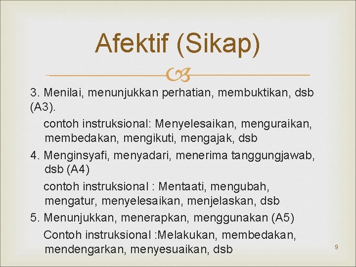 Afektif (Sikap) 3. Menilai, menunjukkan perhatian, membuktikan, dsb (A 3). contoh instruksional: Menyelesaikan, menguraikan,