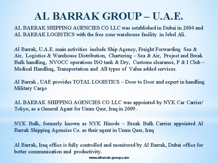 AL BARRAK GROUP – U. A. E. AL BARRAK SHIPPING AGENCIES CO LLC was