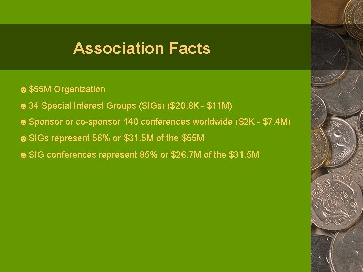 Association Facts ☻$55 M Organization ☻ 34 Special Interest Groups (SIGs) ($20. 8 K