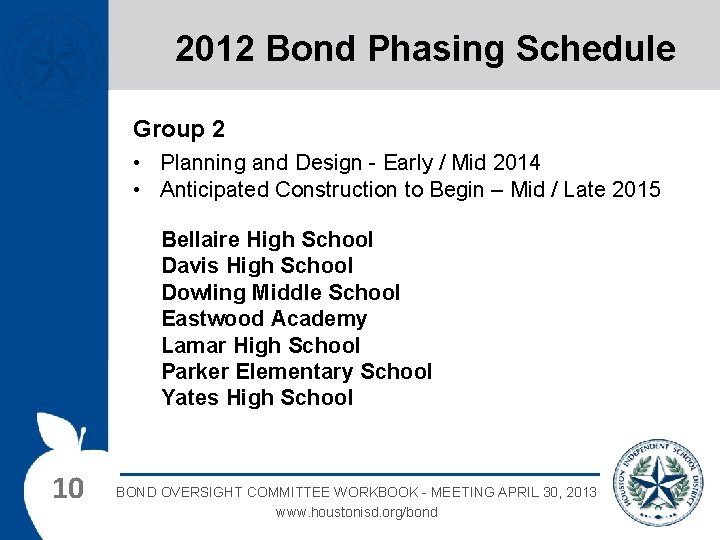 2012 Bond Phasing Schedule Group 2 • Planning and Design - Early / Mid