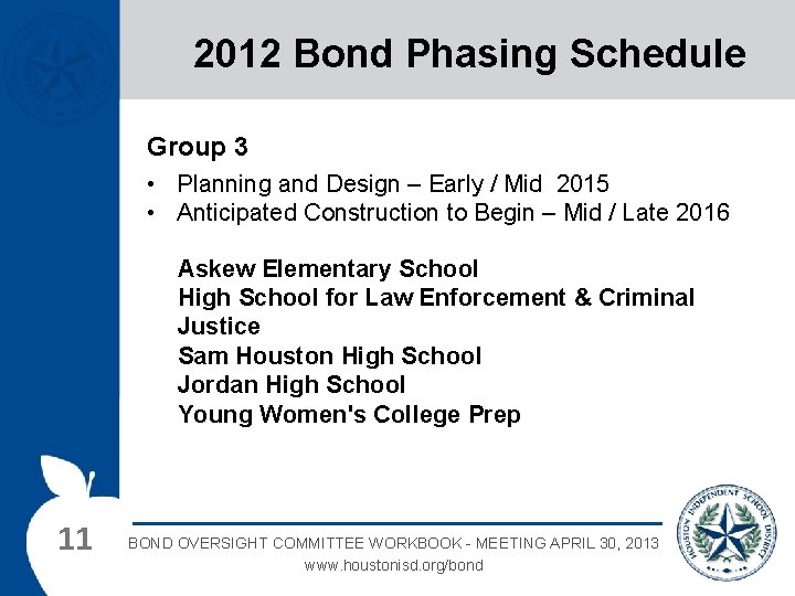 2012 Bond Phasing Schedule Group 3 • Planning and Design – Early / Mid