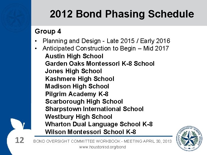 2012 Bond Phasing Schedule Group 4 12 • Planning and Design - Late 2015