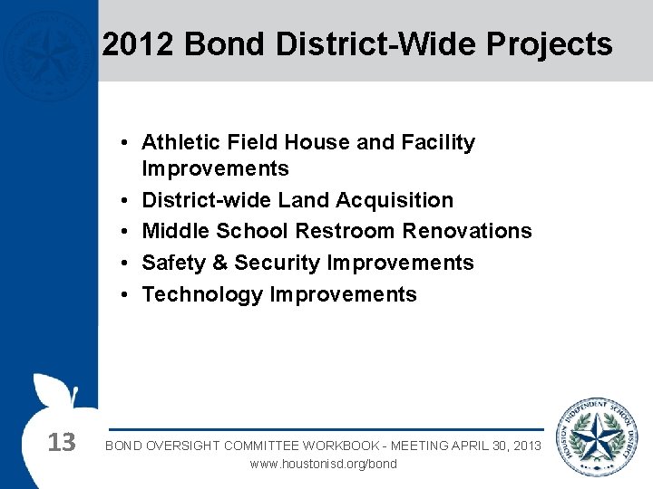 2012 Bond District-Wide Projects • Athletic Field House and Facility Improvements • District-wide Land