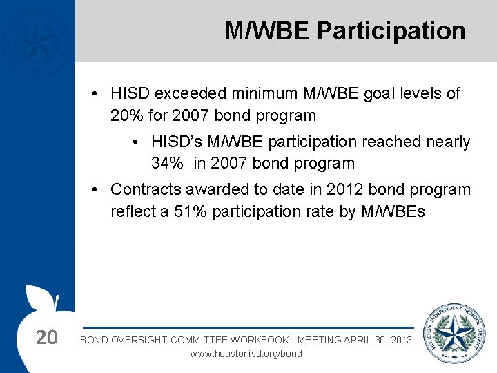 M/WBE Participation • HISD exceeded minimum M/WBE goal levels of 20% for 2007 bond