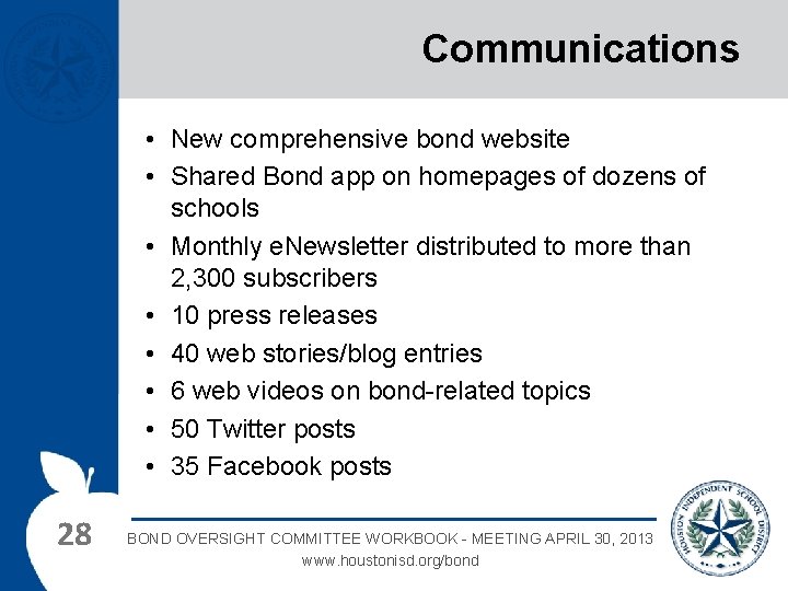 Communications • New comprehensive bond website • Shared Bond app on homepages of dozens