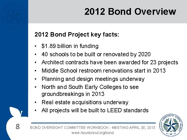 2012 Bond Overview 2012 Bond Project key facts: • • • $1. 89 billion