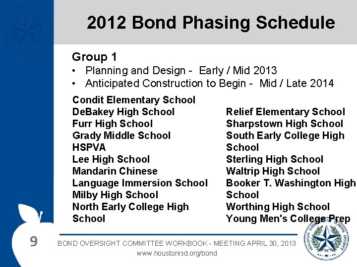 2012 Bond Phasing Schedule Group 1 • Planning and Design - Early / Mid