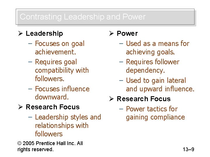 Contrasting Leadership and Power Ø Leadership – Focuses on goal achievement. – Requires goal