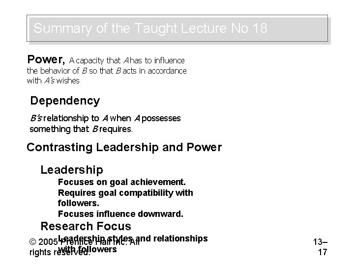 Summary of the Taught Lecture No 18 Power, A capacity that A has to