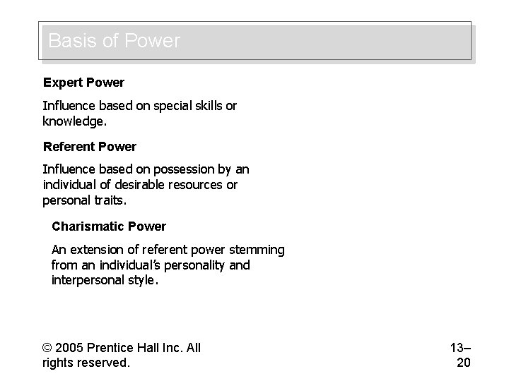 Basis of Power Expert Power Influence based on special skills or knowledge. Referent Power