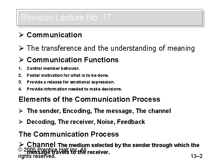 Revision Lecture No. 17 Ø Communication Ø The transference and the understanding of meaning