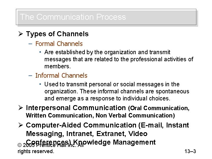 The Communication Process Ø Types of Channels – Formal Channels • Are established by