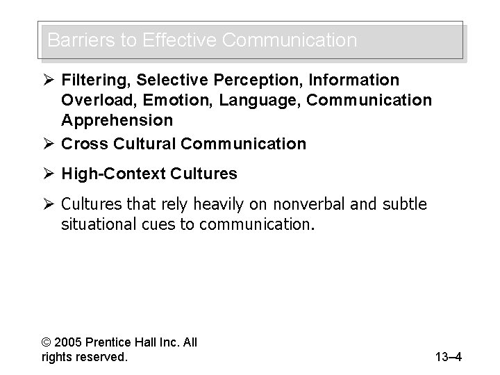 Barriers to Effective Communication Ø Filtering, Selective Perception, Information Overload, Emotion, Language, Communication Apprehension