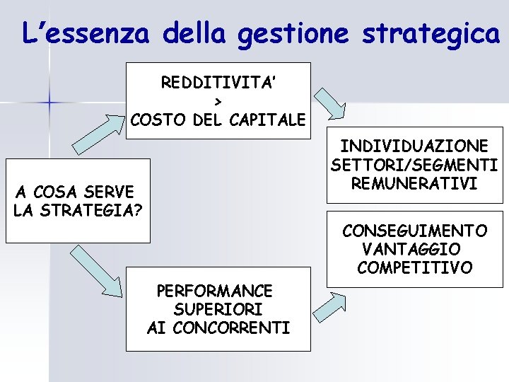 L’essenza della gestione strategica REDDITIVITA’ > COSTO DEL CAPITALE INDIVIDUAZIONE SETTORI/SEGMENTI REMUNERATIVI A COSA