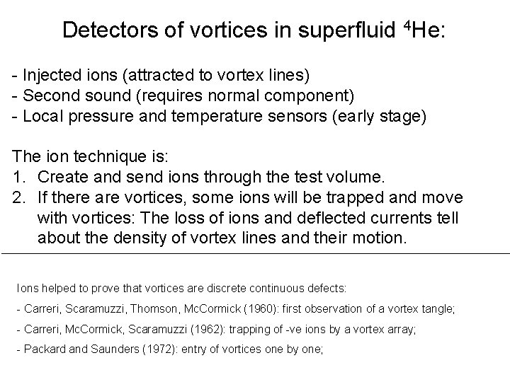 Detectors of vortices in superfluid 4 He: - Injected ions (attracted to vortex lines)