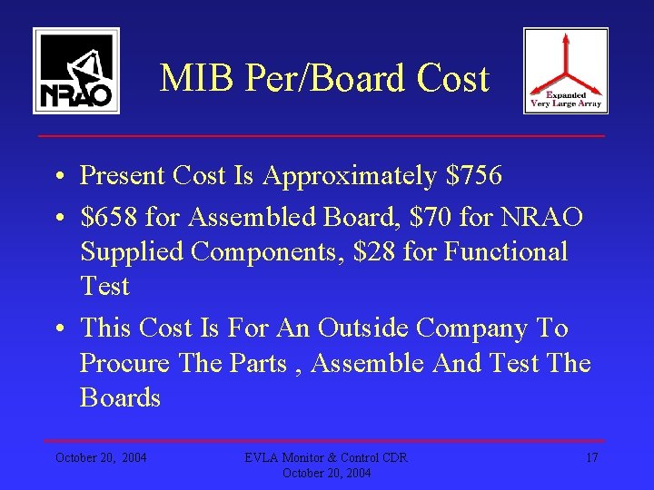 MIB Per/Board Cost • Present Cost Is Approximately $756 • $658 for Assembled Board,