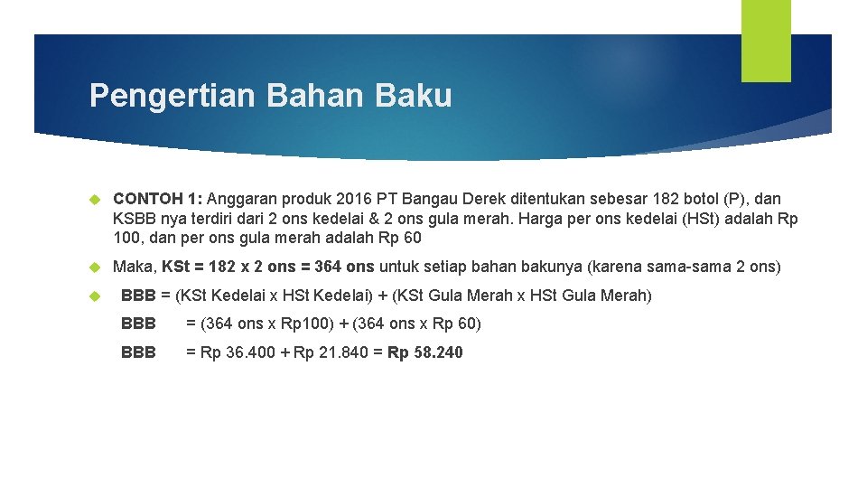 Pengertian Bahan Baku CONTOH 1: Anggaran produk 2016 PT Bangau Derek ditentukan sebesar 182
