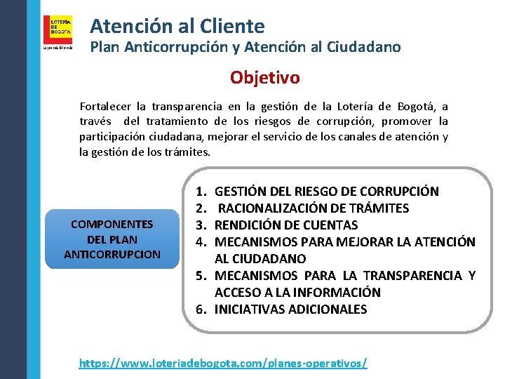 Atención al Cliente Plan Anticorrupción y Atención al Ciudadano Objetivo Fortalecer la transparencia en