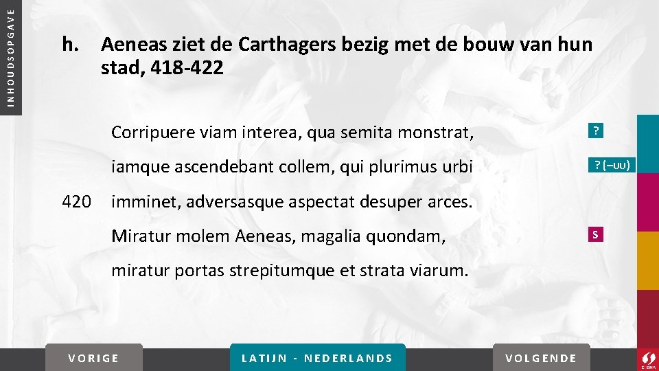 INHOUDSOPGAVE h. Aeneas ziet de Carthagers bezig met de bouw van hun stad, 418