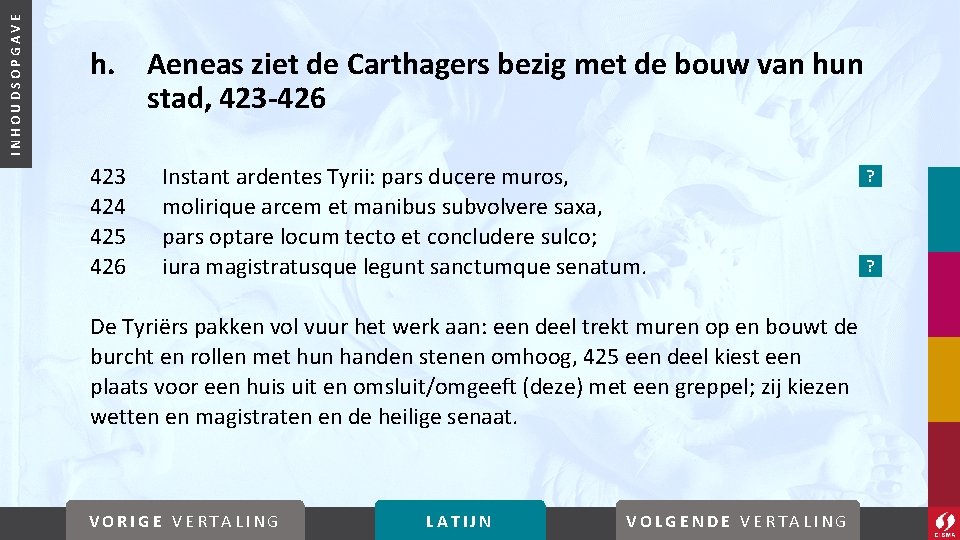 INHOUDSOPGAVE h. Aeneas ziet de Carthagers bezig met de bouw van hun stad, 423