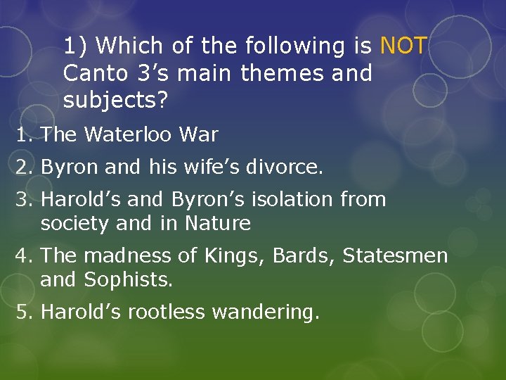 1) Which of the following is NOT Canto 3’s main themes and subjects? 1.