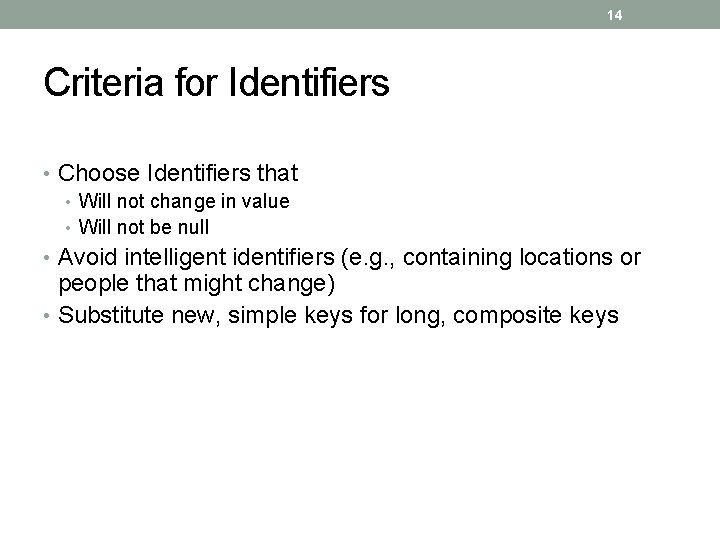 14 Criteria for Identifiers • Choose Identifiers that • Will not change in value