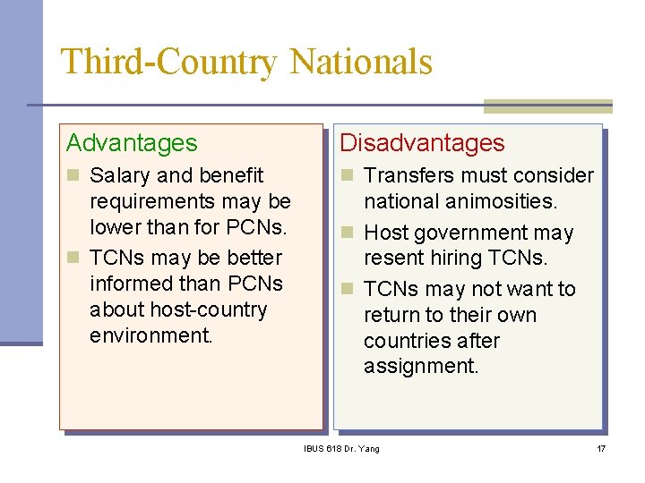 Third-Country Nationals Advantages Disadvantages n Salary and benefit n Transfers must consider requirements may