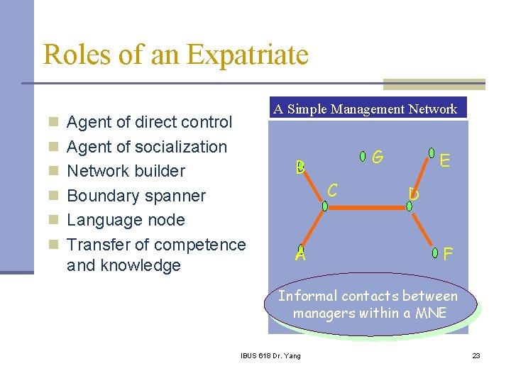 Roles of an Expatriate A Simple Management Network n Agent of direct control n