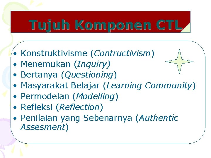 Tujuh Komponen CTL • • Konstruktivisme (Contructivism) Menemukan (Inquiry) Bertanya (Questioning) Masyarakat Belajar (Learning