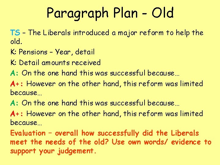 Paragraph Plan - Old TS – The Liberals introduced a major reform to help