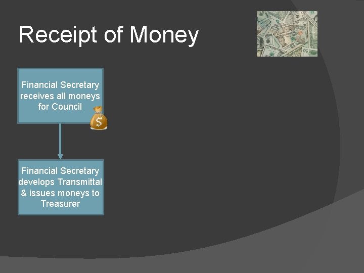 Receipt of Money Financial Secretary receives all moneys for Council Financial Secretary develops Transmittal