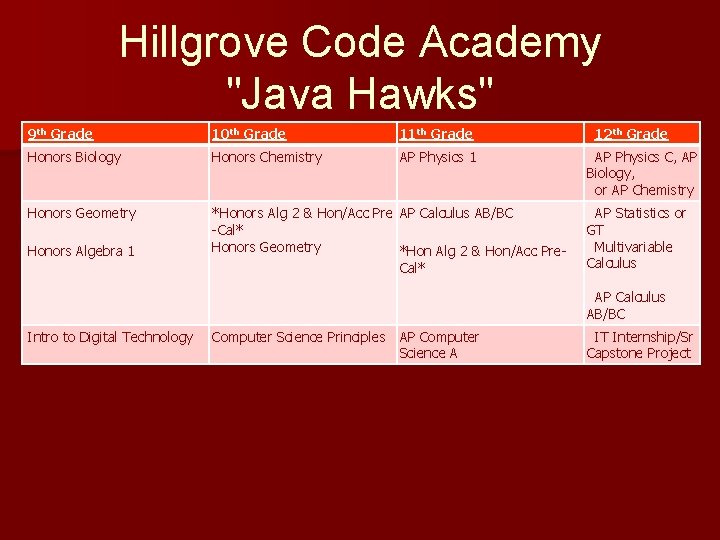 Hillgrove Code Academy "Java Hawks" 9 th Grade 10 th Grade 11 th Grade