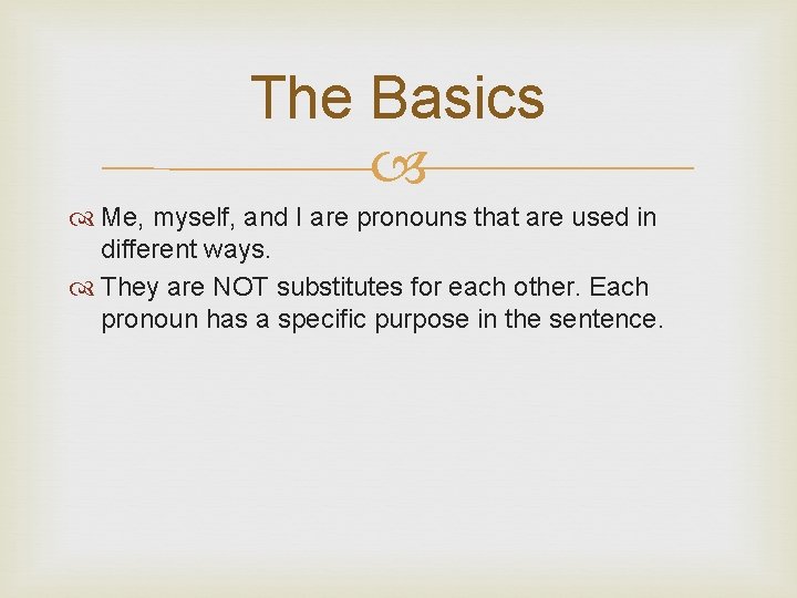 The Basics Me, myself, and I are pronouns that are used in different ways.