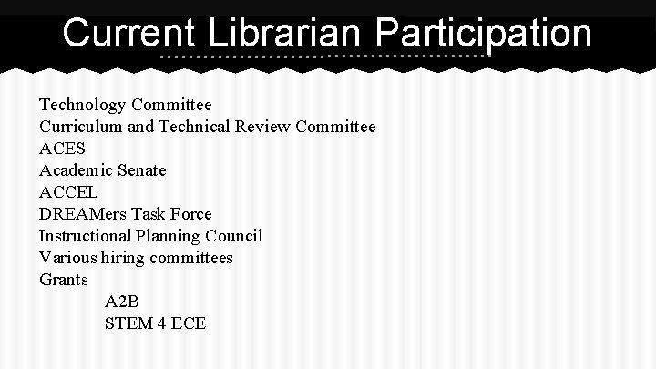 Current Librarian Participation Technology Committee Curriculum and Technical Review Committee ACES Academic Senate ACCEL