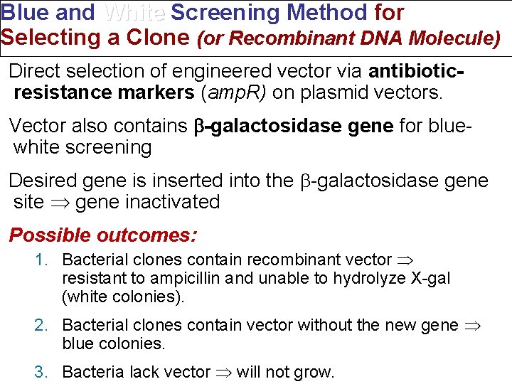 Blue and White Screening Method for Selecting a Clone (or Recombinant DNA Molecule) Direct