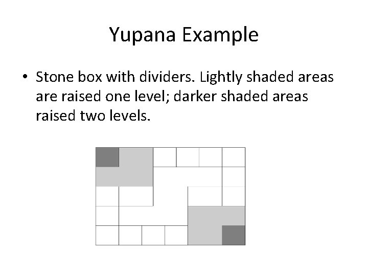 Yupana Example • Stone box with dividers. Lightly shaded areas are raised one level;