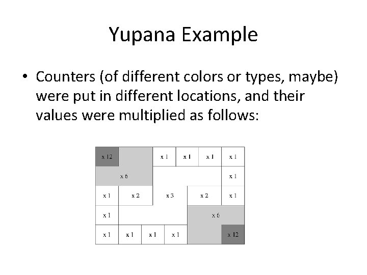 Yupana Example • Counters (of different colors or types, maybe) were put in different