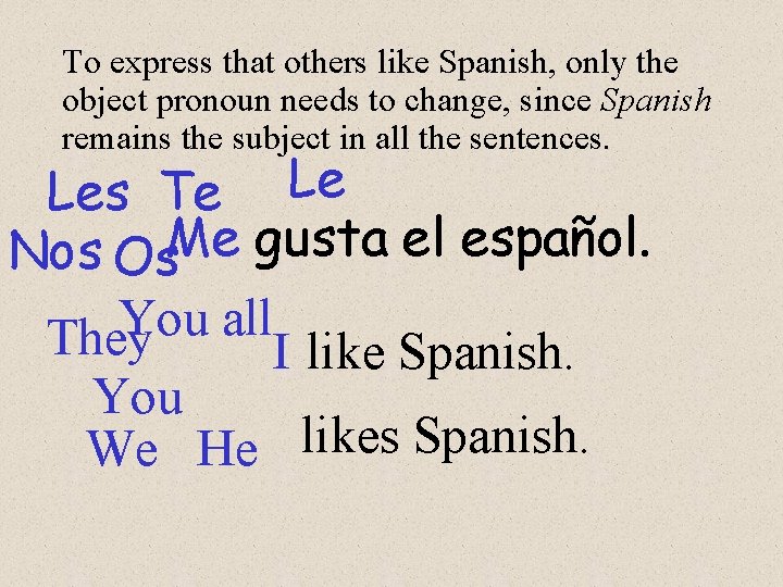 To express that others like Spanish, only the object pronoun needs to change, since