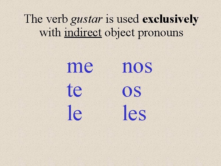 The verb gustar is used exclusively with indirect object pronouns me te le nos