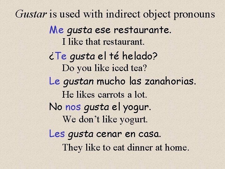 Gustar is used with indirect object pronouns Me gusta ese restaurante. I like that