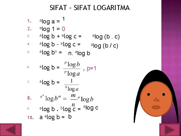 SIFAT – SIFAT LOGARITMA 1. 2. 3. 4. 5. a=1 alog 1 = 0