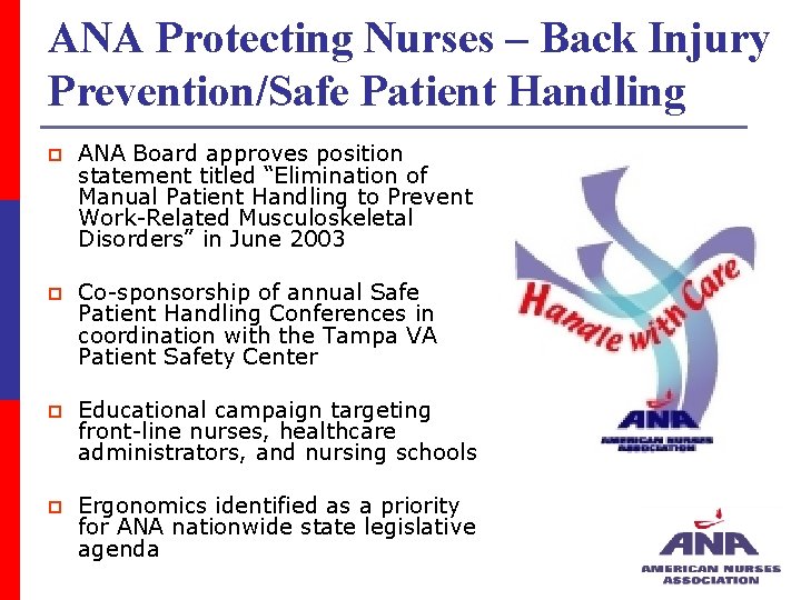 ANA Protecting Nurses – Back Injury Prevention/Safe Patient Handling p ANA Board approves position