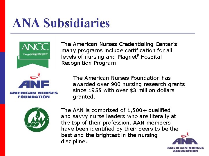 ANA Subsidiaries The American Nurses Credentialing Center’s many programs include certification for all levels